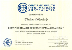 CHIA Certified Health Informatician Australasia certificate for Thushara Weerakody Managing Director of Lateral Solutions